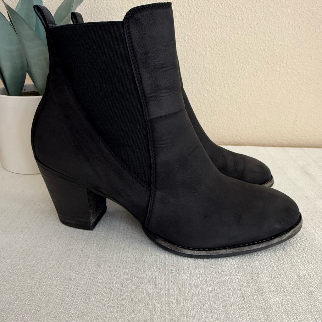 Paul Green Black Leather Heeled Slip On Ankle Booties Ua6.5 Us9